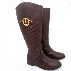 Iman brown quilted signature knee-high riding boots with gold logo medallion